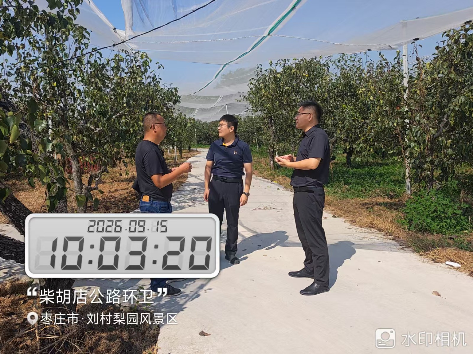 镇领导吕士曦、李铭镇督导梨园情况。