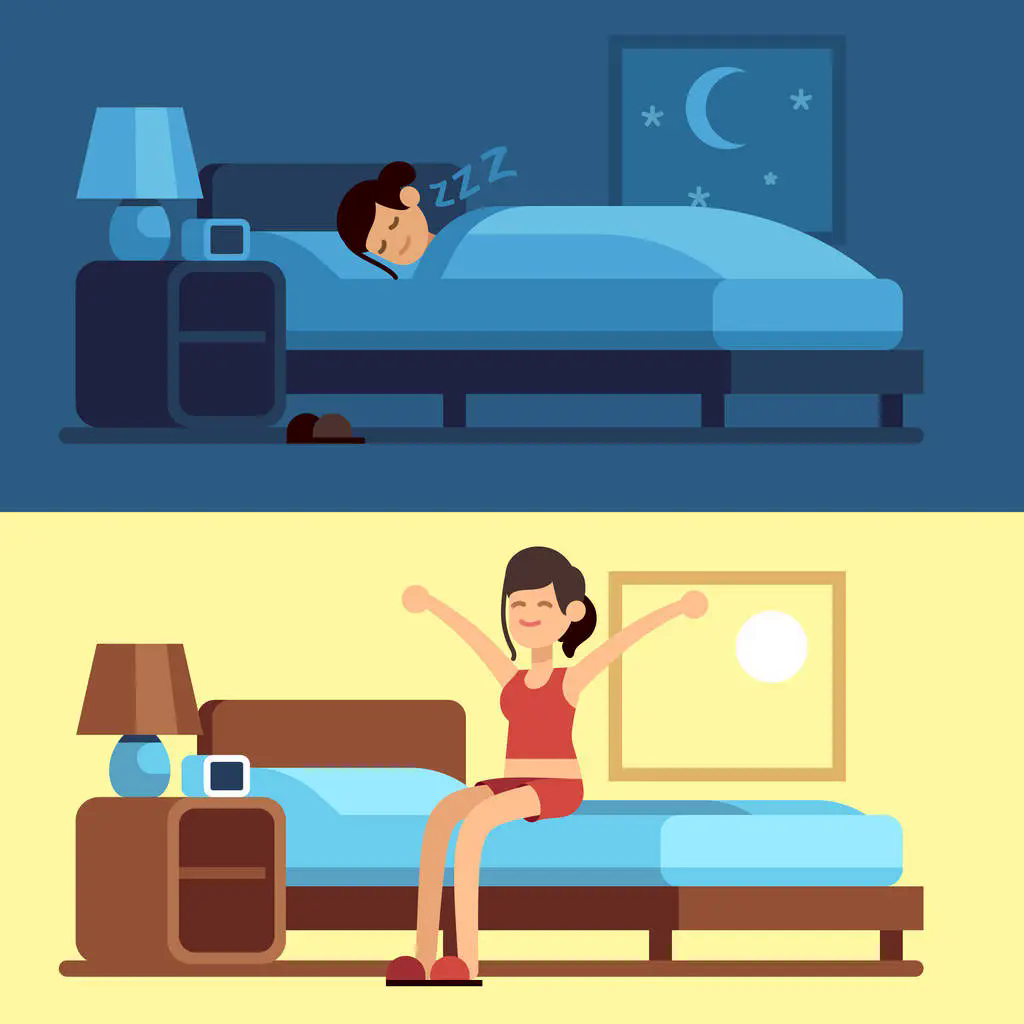 千库网_睡觉的女人醒了。女孩放松的卧室之夜, 醒着的早晨舒展坐在床垫上。女性良好睡眠_元素编号13797603.jpg