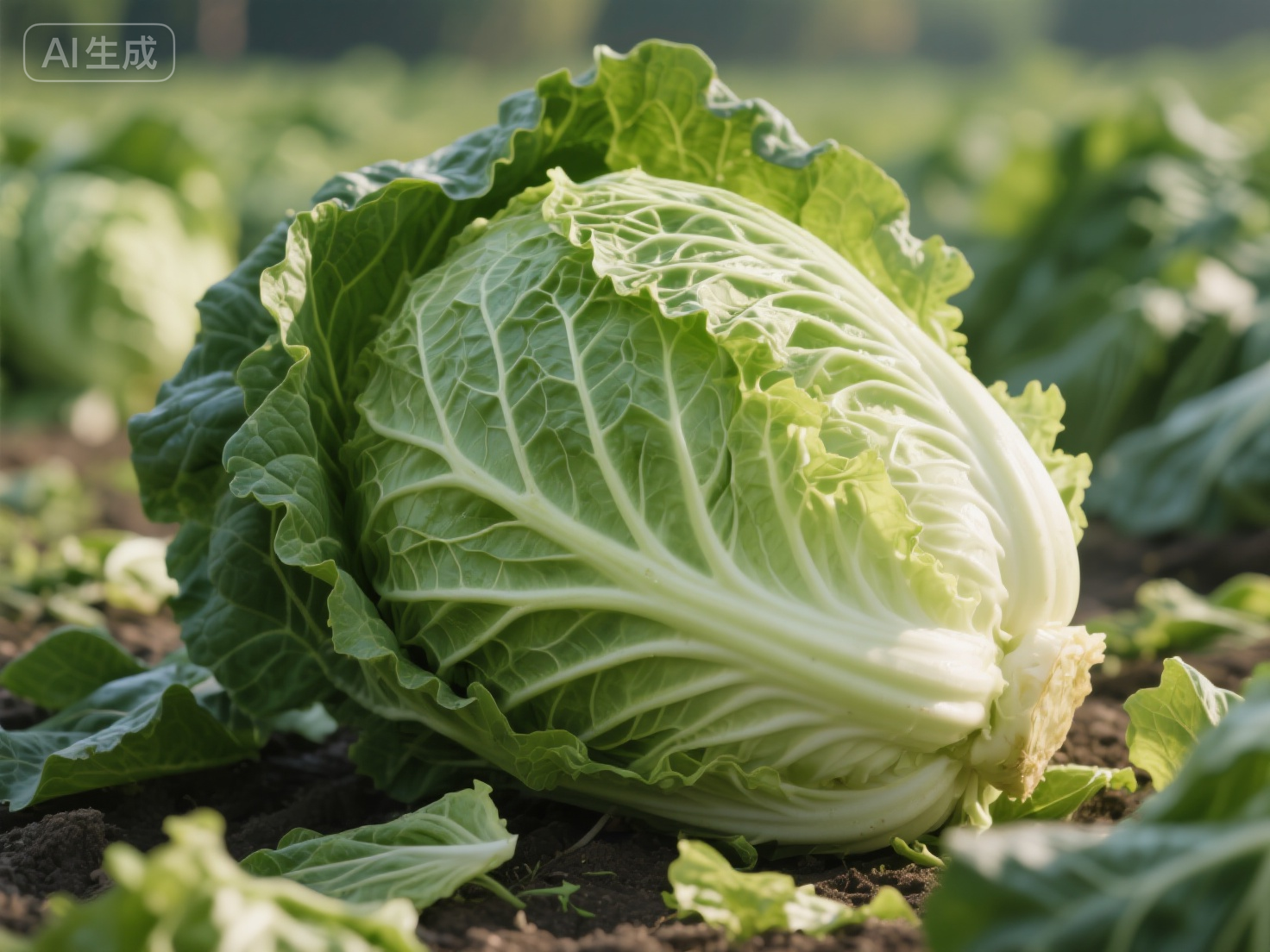 jimeng-2025-11-20-4918-菜地里写实白菜，每片叶子的纹理都清晰可见，白菜的色泽饱满且富有光泽，在柔和的光线