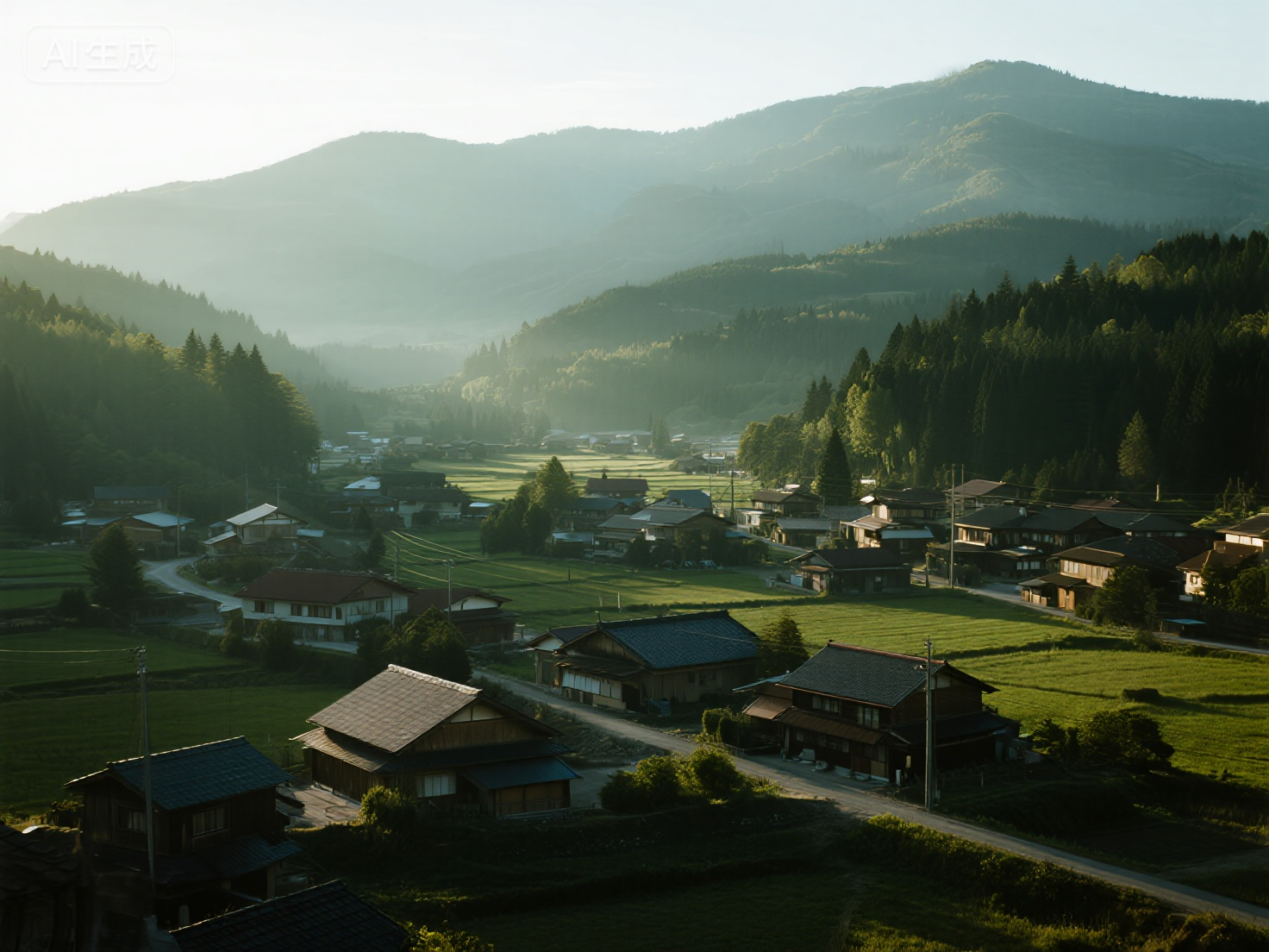jimeng-2025-11-20-6944-被群山环抱的普通小村庄，尼康D850,下午4点侧逆光,300mm长焦压缩感，电影