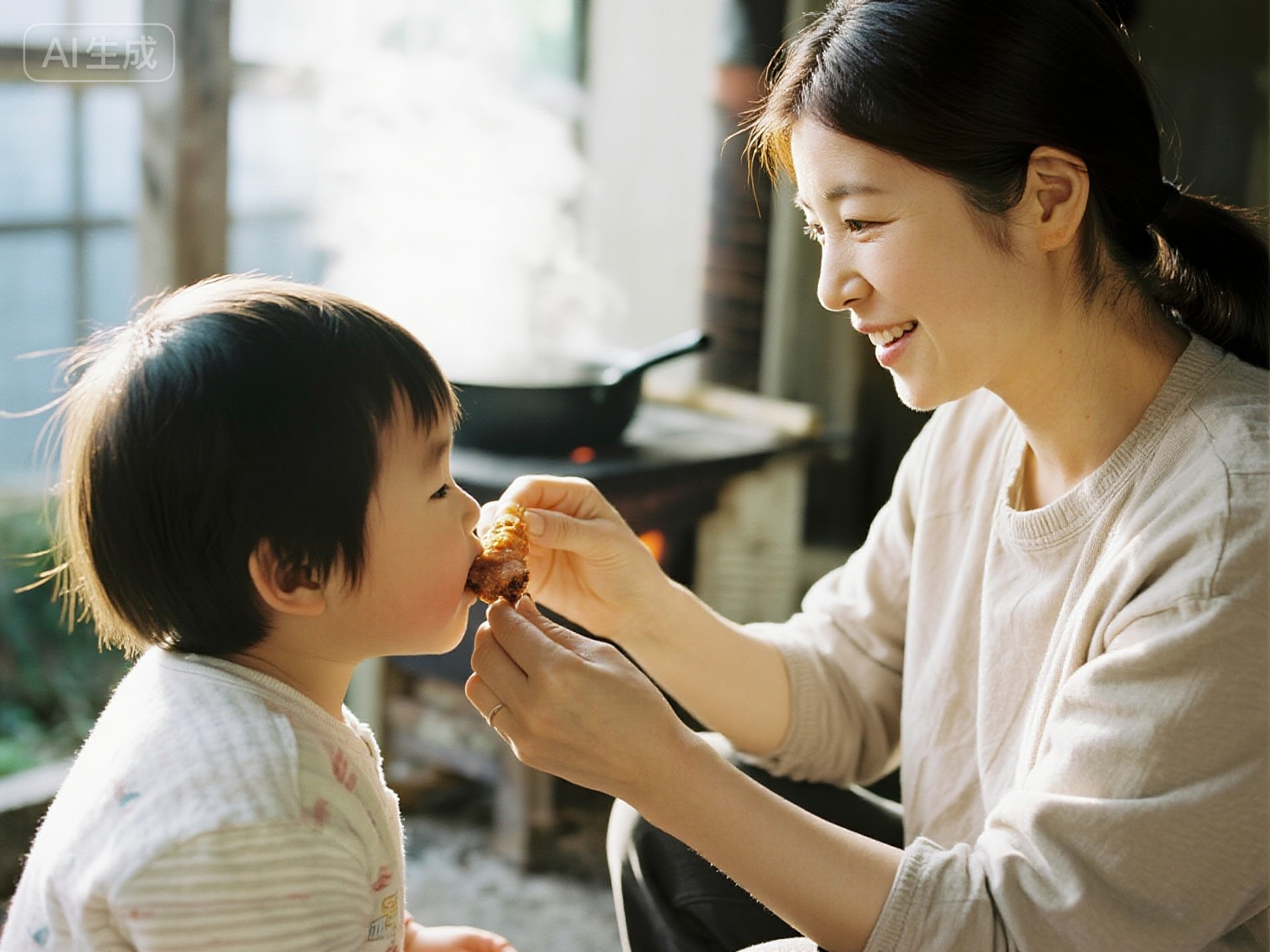 jimeng-2025-11-20-9518-土灶台边年轻的妈妈拿一小块炸肉喂给孩子，尼康D850,下午4点侧逆光,300mm