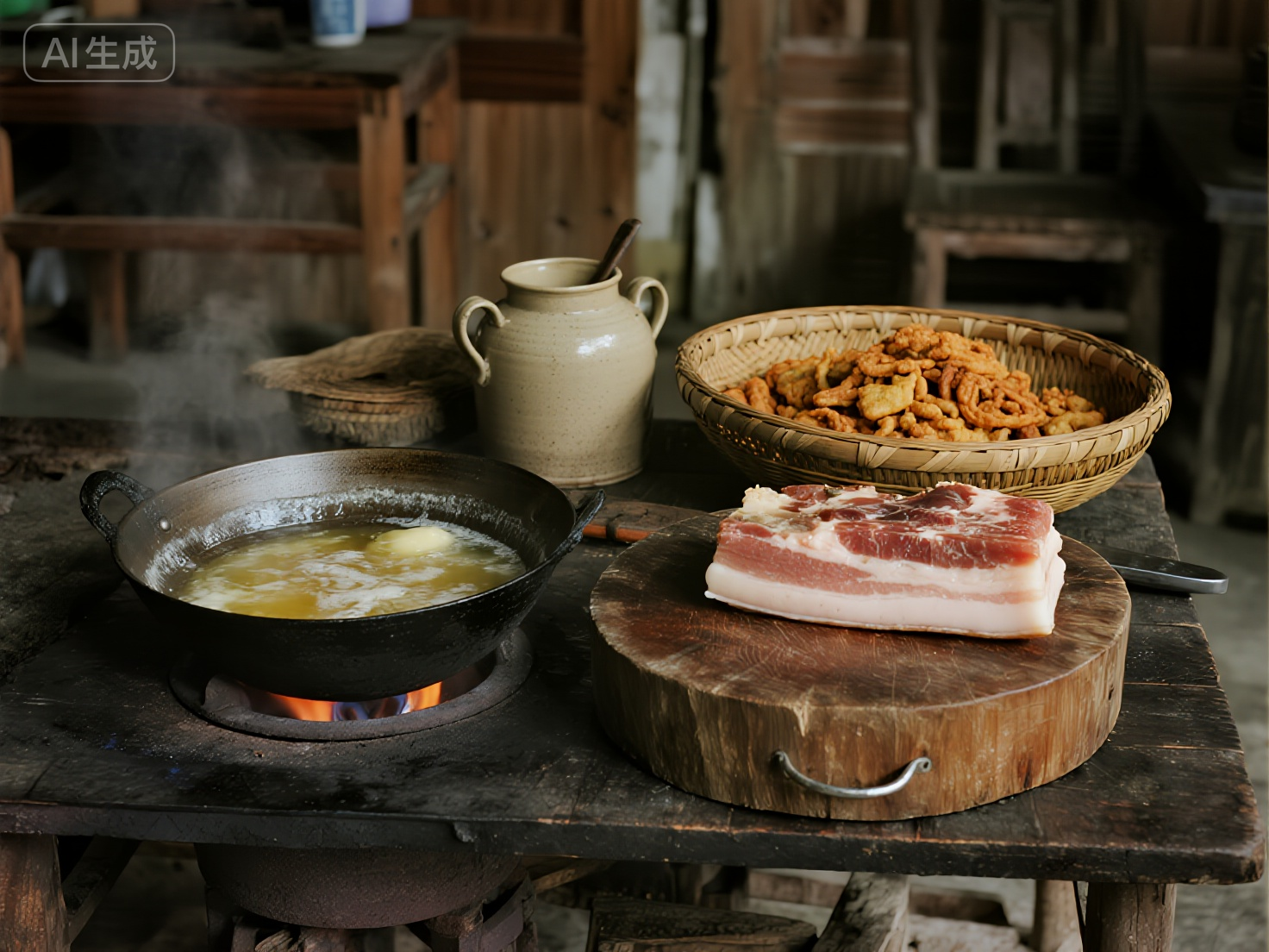 jimeng-2025-11-20-1752-锅里熬猪油，旁边放着一个旧陶瓷，案板上放着一块肥肉，竹筐里有炸好的焦黄的猪油渣，