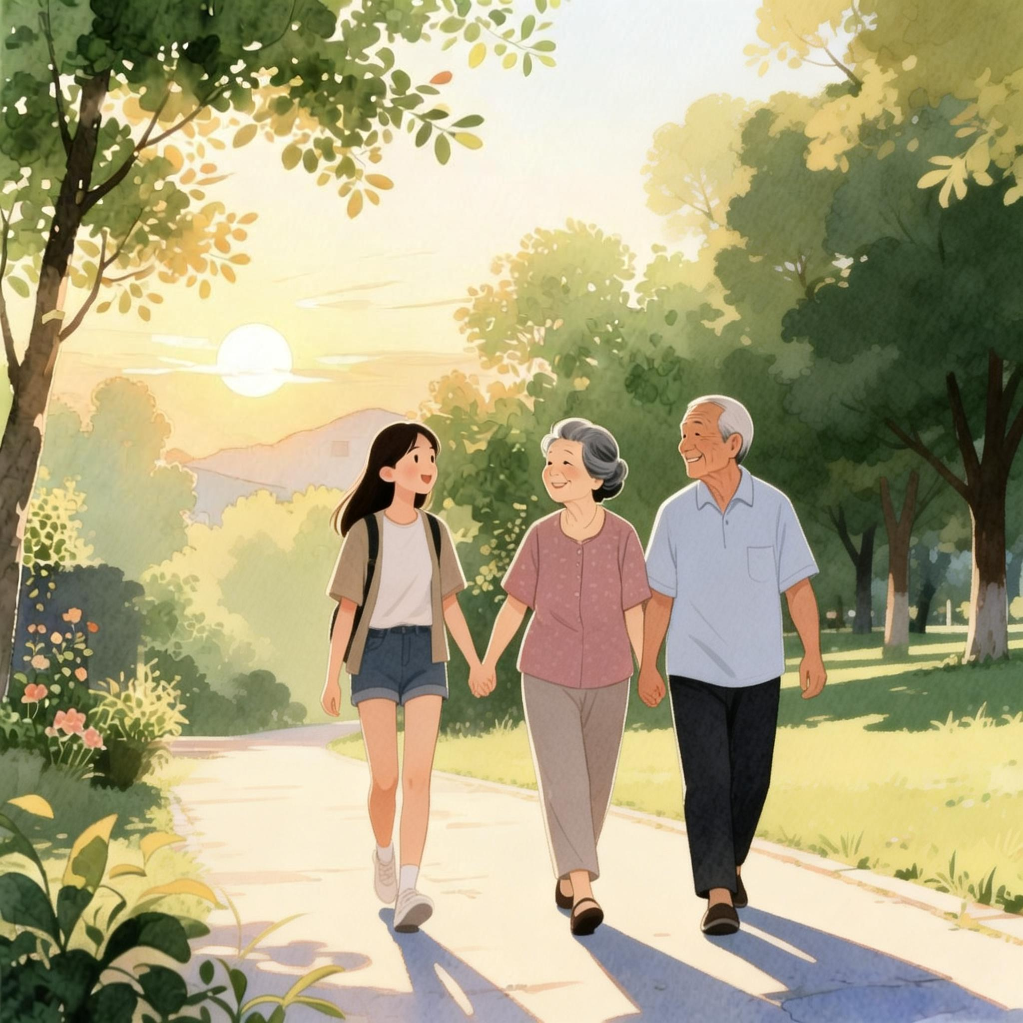 jimeng-2026-01-04-5837-年轻子女陪父母在公园散步，参考图中的绘画风格
