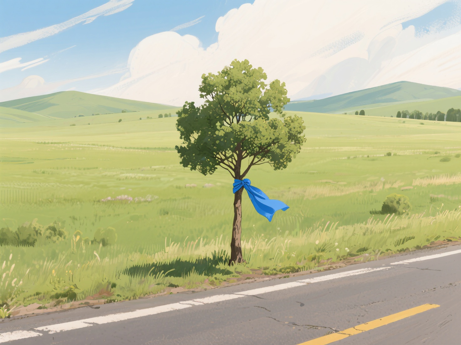jimeng-2026-01-25-7929-草原，路边长着一棵小树。树上系着蓝哈达，插画
