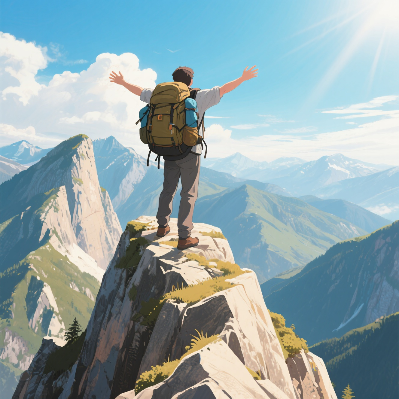 jimeng-2026-01-29-5890-一个人背着沉重的背包，在山顶张开双臂，陡峭的山峰，背影，阳光明媚，插画