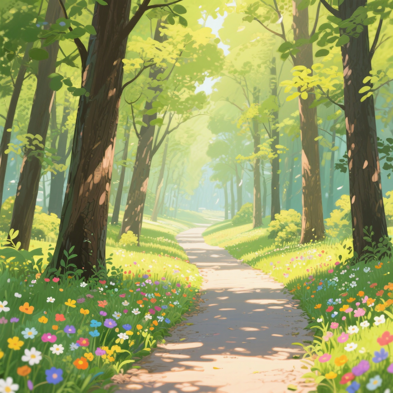 jimeng-2026-01-29-8587-林间小路，路边点缀五颜六色的小花，阳光明媚，纵深感强，插画