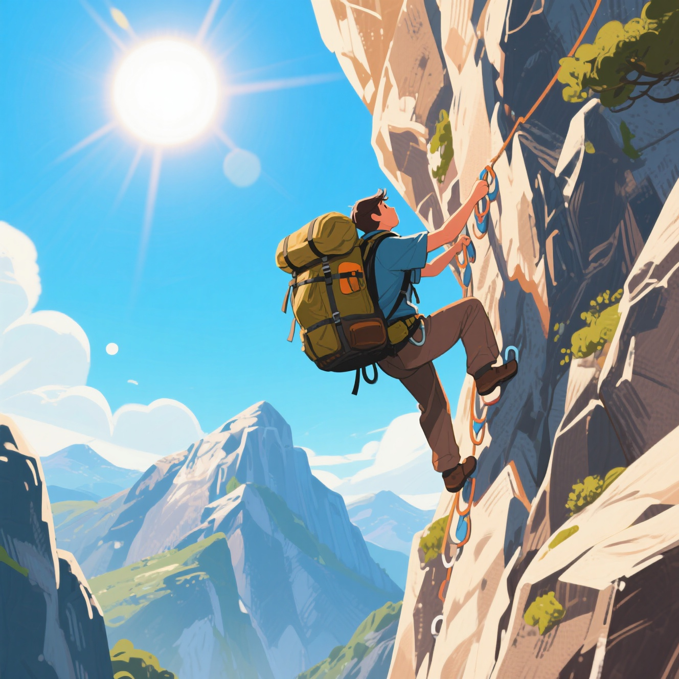 jimeng-2026-01-29-1163-一个人背着沉重的背包，攀岩，陡峭的山峰，阳光明媚，，插画