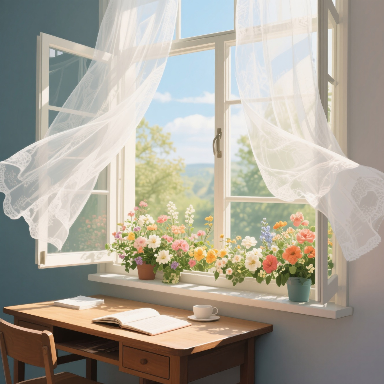 jimeng-2026-01-29-2258-书桌紧挨着窗台，窗台上开满鲜花，打开的窗户，白色的纱窗飘动，外面阳光明媚，平行拍