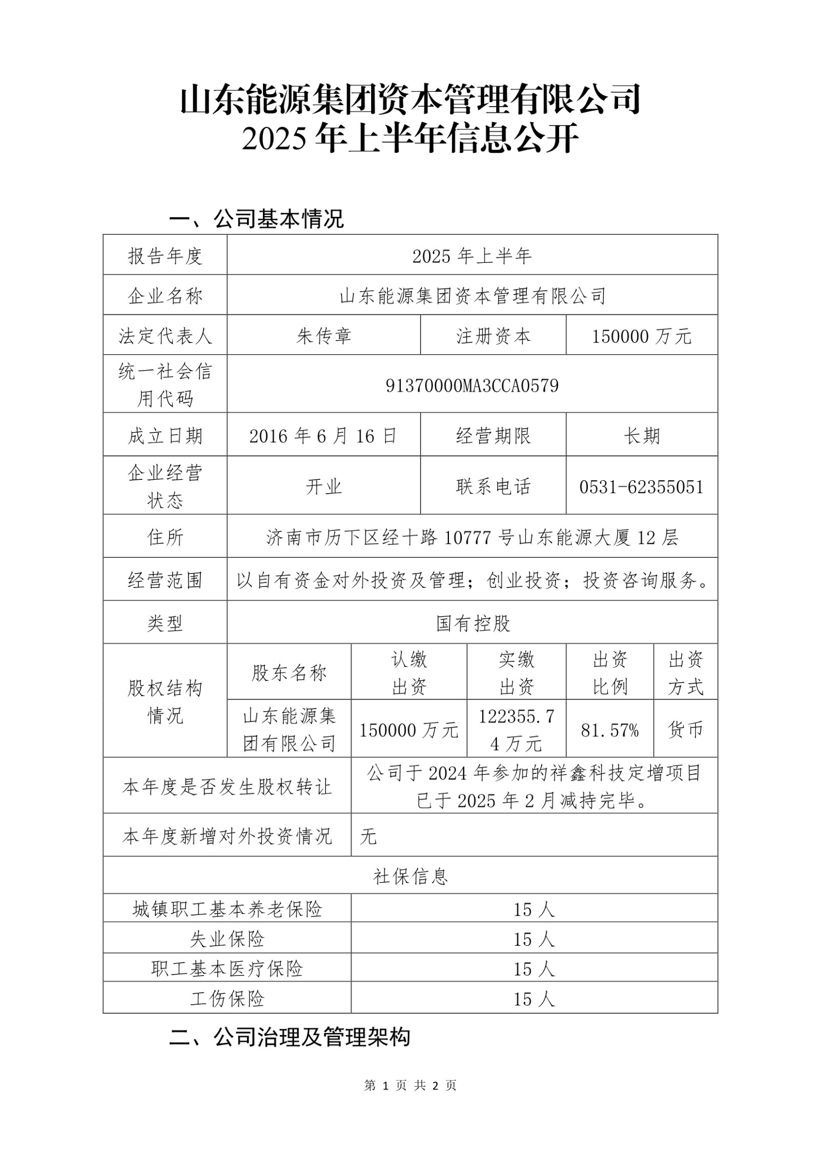 山东能源集团资本管理有限公司2025年上半年信息公开20250630_第1页
