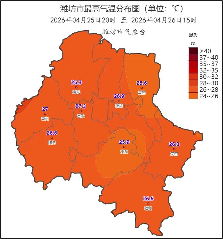 2026年04月25日20时 至 2026年04月26日15时_潍坊市最高气温分布图（单位：℃）.png