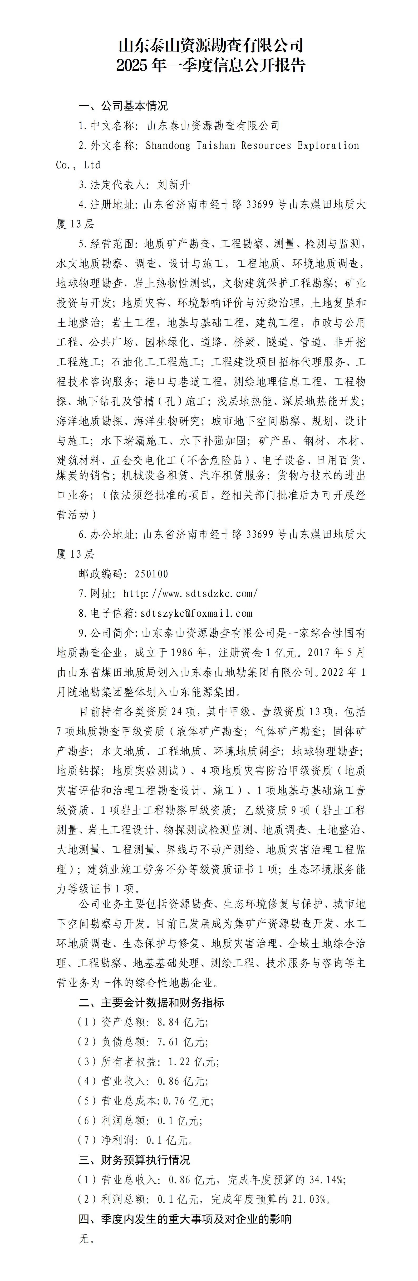 山东泰山资源勘查有限公司2025年一季度财务信息公告_01