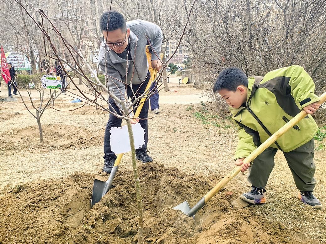 家长带着孩子种树