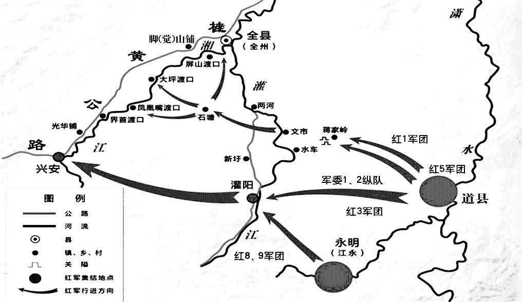 中央红军计划四路强渡湘江示意图
